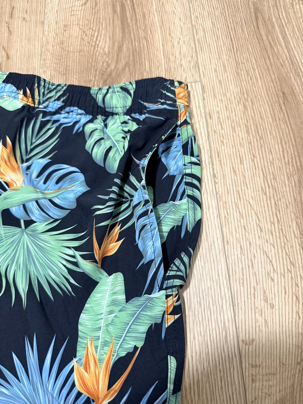 Bonobos Navy Tropical Print Swim Shorts with Green & Orange Accents